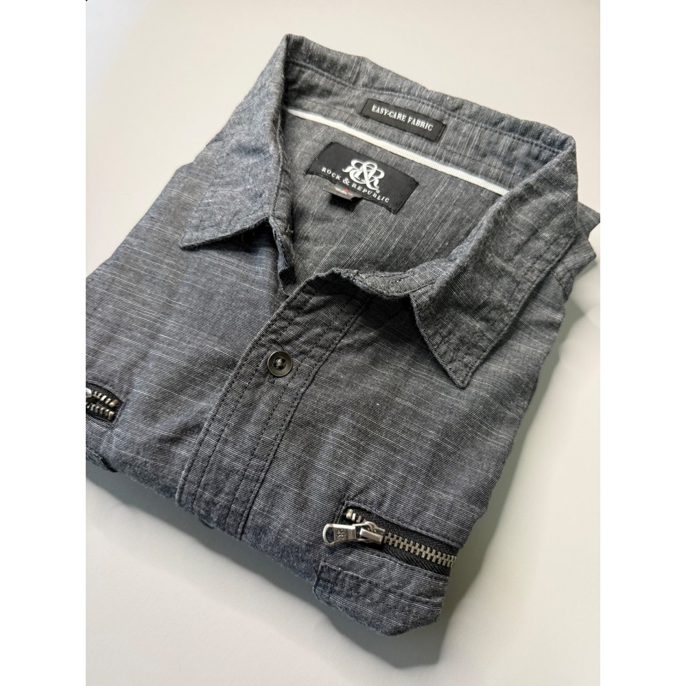 Rock & Republic Mens Large Gray Slub Long Sleeve Button Utility Zipper Shirt